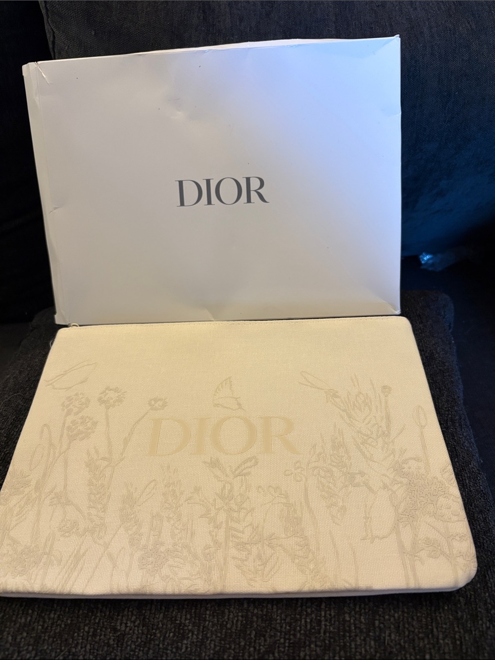Dior Cream Embroidered Floral Canvas Pouch